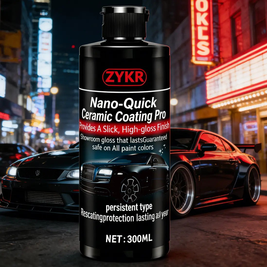Nano-Quick Ceramic Coating Pro for automobiles, featuring advanced ceramic technology for dust-proof glass effect and lasting luster. 300 ml.
