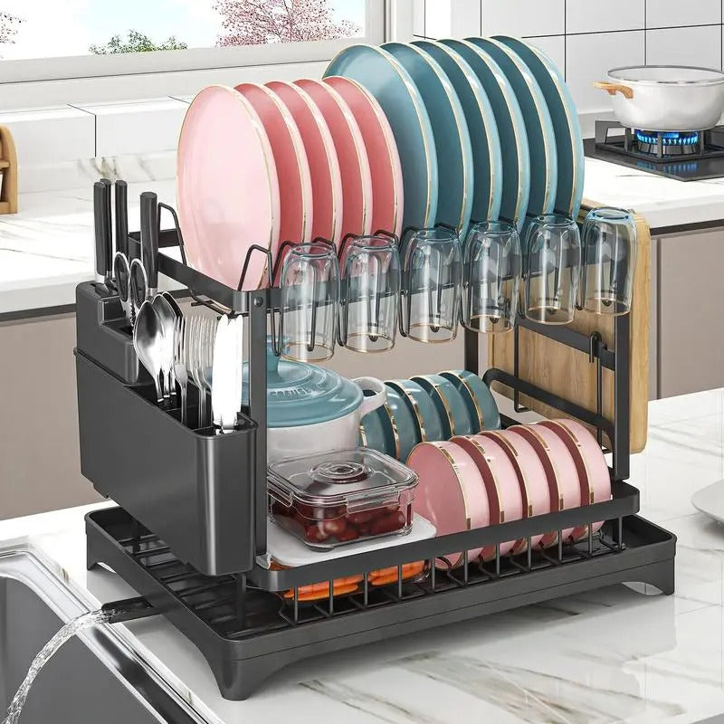 2-Tier Rust-Proof Kitchen Counter Dish Drying Organiser - Home Goods, House Organizers, with Drainboard (Channels Water Away), Mat (Keeps Floors Dry), Utensil Holder, Cup Holder, Easy to Assemble, Gifts for Women