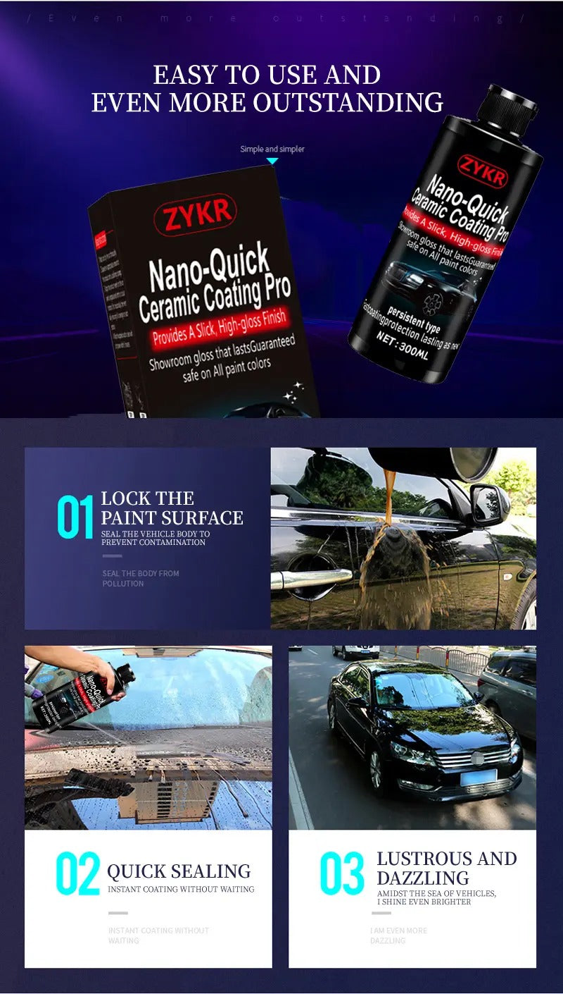 Nano-Quick Ceramic Coating Pro for automobiles, featuring advanced ceramic technology for dust-proof glass effect and lasting luster. 300 ml.