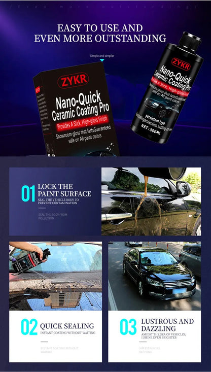 Nano-Quick Ceramic Coating Pro for automobiles, featuring advanced ceramic technology for dust-proof glass effect and lasting luster. 300 ml.