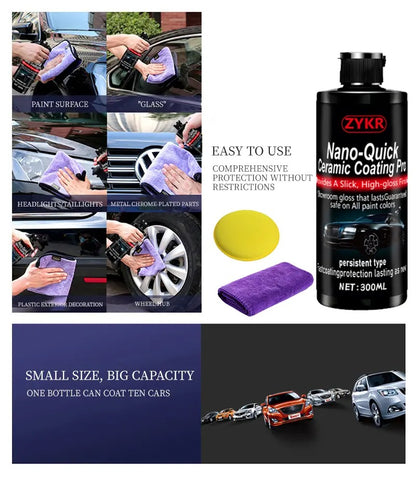 Nano-Quick Ceramic Coating Pro for automobiles, featuring advanced ceramic technology for dust-proof glass effect and lasting luster. 300 ml.