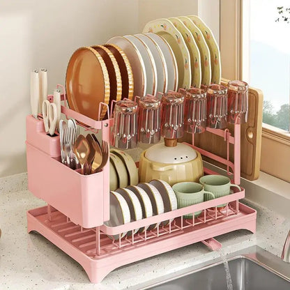 2-Tier Rust-Proof Kitchen Counter Dish Drying Organiser - Home Goods, House Organizers, with Drainboard (Channels Water Away), Mat (Keeps Floors Dry), Utensil Holder, Cup Holder, Easy to Assemble, Gifts for Women