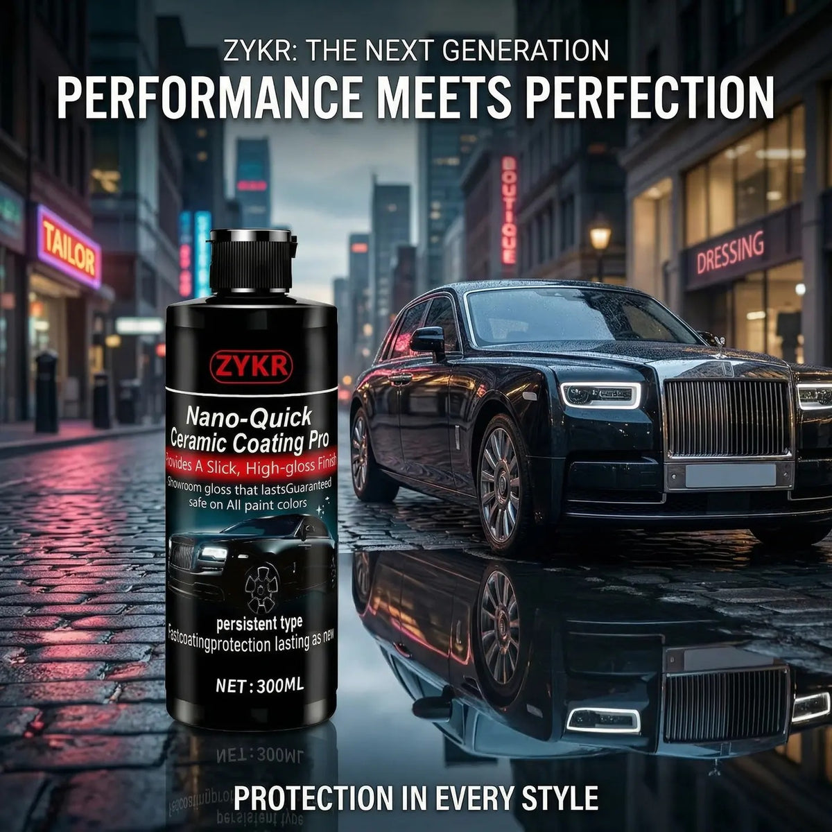 Nano-Quick Ceramic Coating Pro for automobiles, featuring advanced ceramic technology for dust-proof glass effect and lasting luster. 300 ml.