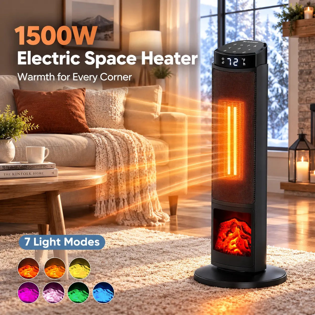 23" Space Heater, 1500W Electric Heater with 12-Hour Timer 4 Modes, 70° Oscillation, 12-Hour Timer, Thermostat 50-95°F, Fast Heating, Child Lock