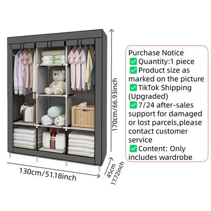 64-in Portable Covered Non-Woven Fabric Wardrobe, Multi-Functional Foldable Closet, Gray Apartment Furniture for Room Storage Solutions