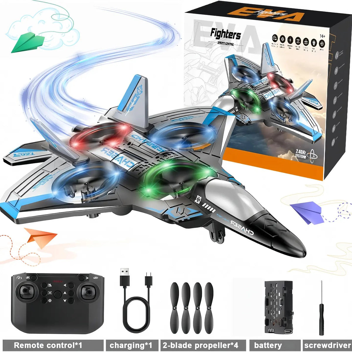 Unisex Kids RC Flying Fighter Jet Toy - Durable EVA Foam, Wireless Remote Controller Aeroplanes, Multiple Flying Modes, Adjustable Speed, Cool Stunt Rotation, Rechargeable Battery, LED Lights, Learning Toy, Auto Return, Ages 6+, Courtyard Play Gift,sohoch
