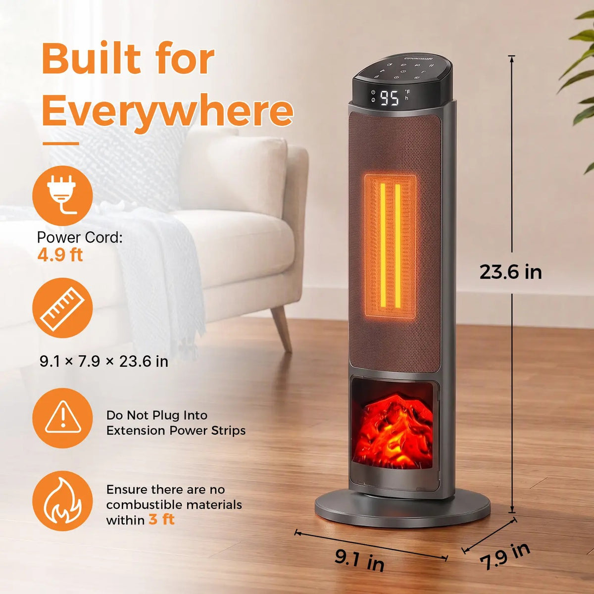 23" Space Heater, 1500W Electric Heater with 12-Hour Timer 4 Modes, 70° Oscillation, 12-Hour Timer, Thermostat 50-95°F, Fast Heating, Child Lock