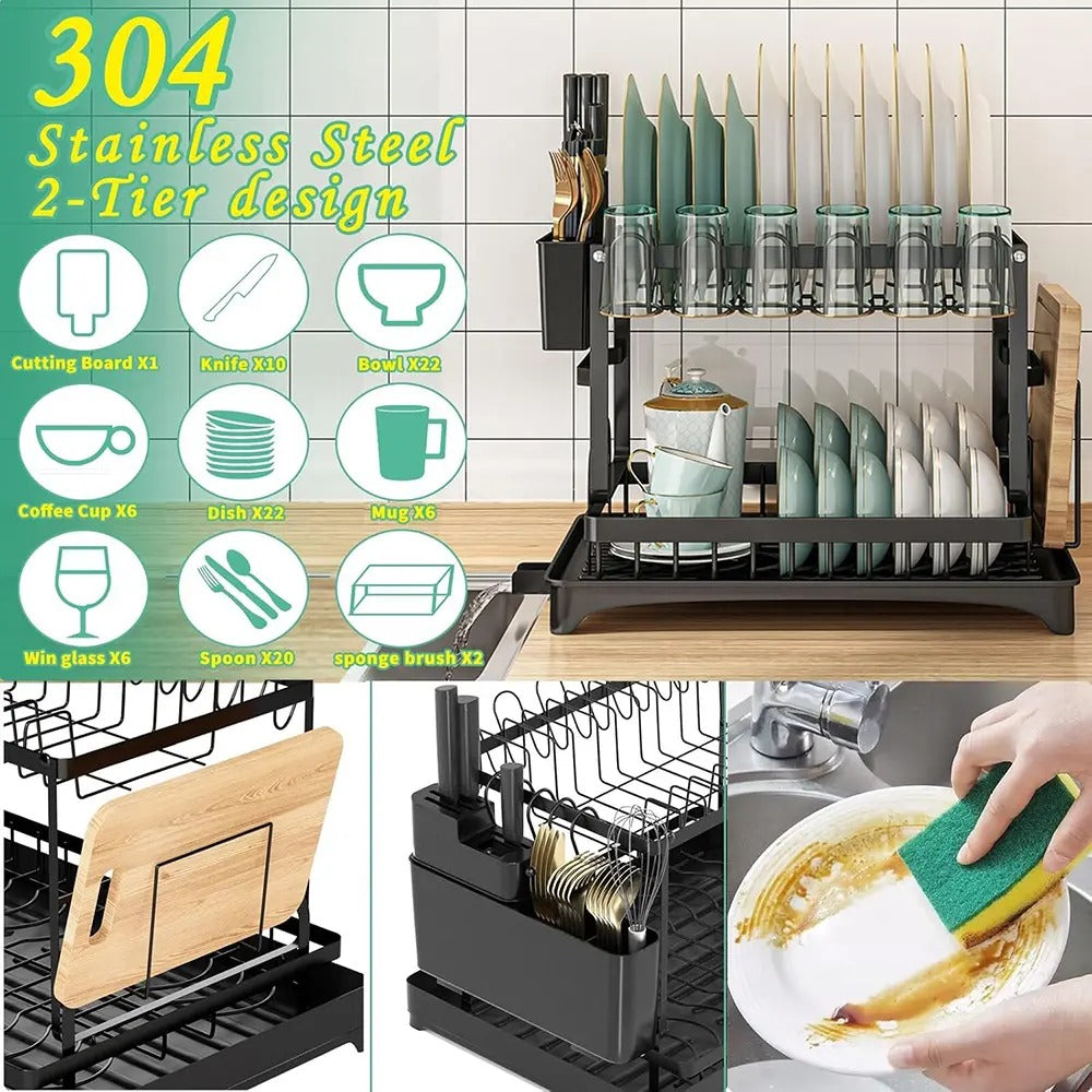 2-Tier Rust-Proof Kitchen Counter Dish Drying Organiser - Home Goods, House Organizers, with Drainboard (Channels Water Away), Mat (Keeps Floors Dry), Utensil Holder, Cup Holder, Easy to Assemble, Gifts for Women
