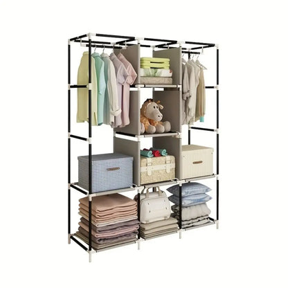 64-in Portable Covered Non-Woven Fabric Wardrobe, Multi-Functional Foldable Closet, Gray Apartment Furniture for Room Storage Solutions