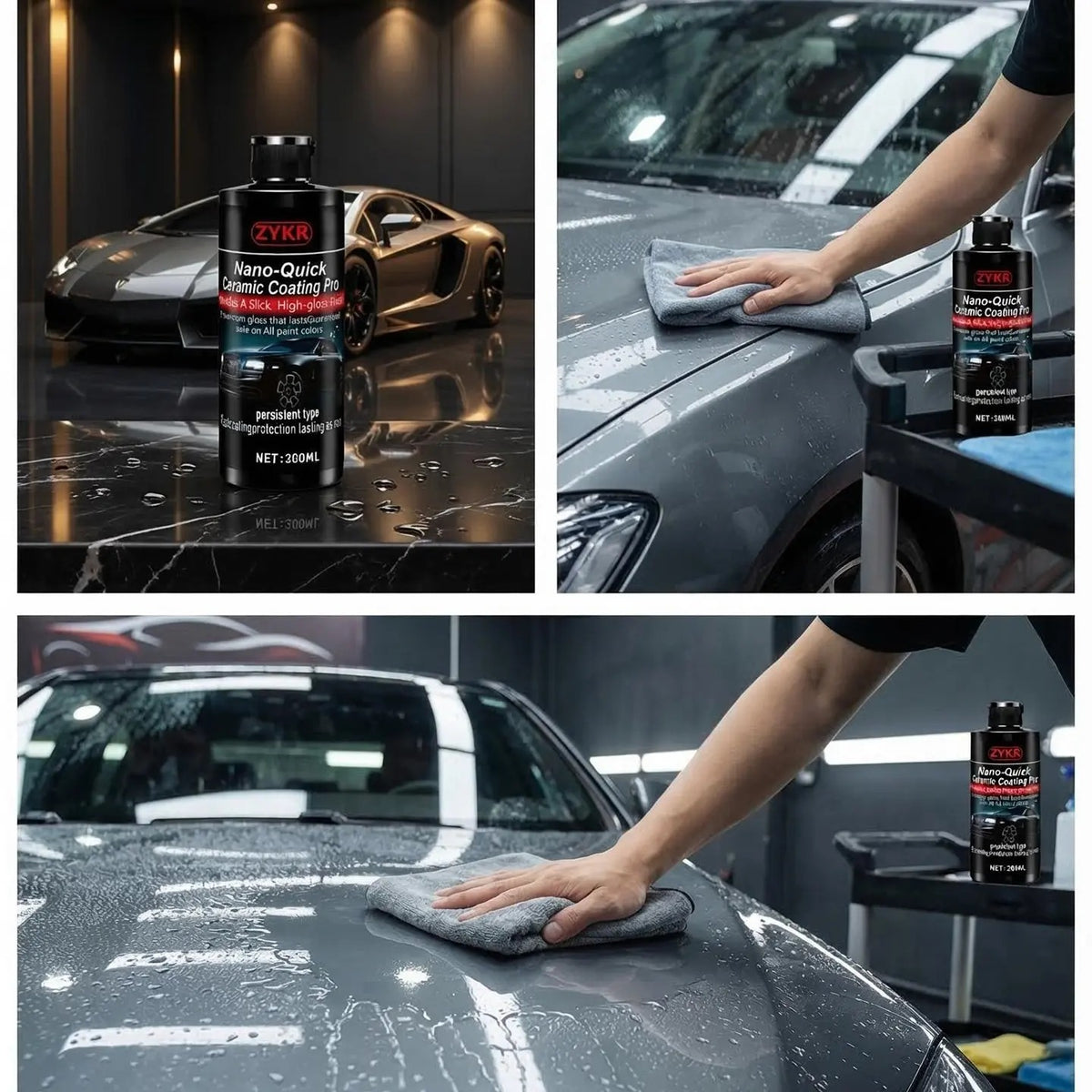 Nano-Quick Ceramic Coating Pro for automobiles, featuring advanced ceramic technology for dust-proof glass effect and lasting luster. 300 ml.