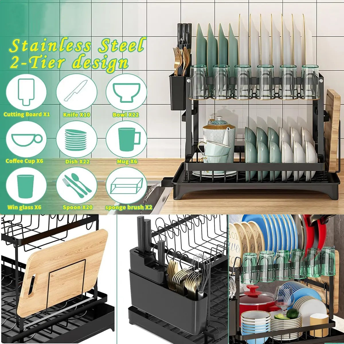 2-Tier Rust-Proof Kitchen Counter Dish Drying Organiser - Home Goods, House Organizers, with Drainboard (Channels Water Away), Mat (Keeps Floors Dry), Utensil Holder, Cup Holder, Easy to Assemble, Gifts for Women