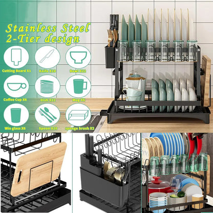 2-Tier Rust-Proof Kitchen Counter Dish Drying Organiser - Home Goods, House Organizers, with Drainboard (Channels Water Away), Mat (Keeps Floors Dry), Utensil Holder, Cup Holder, Easy to Assemble, Gifts for Women