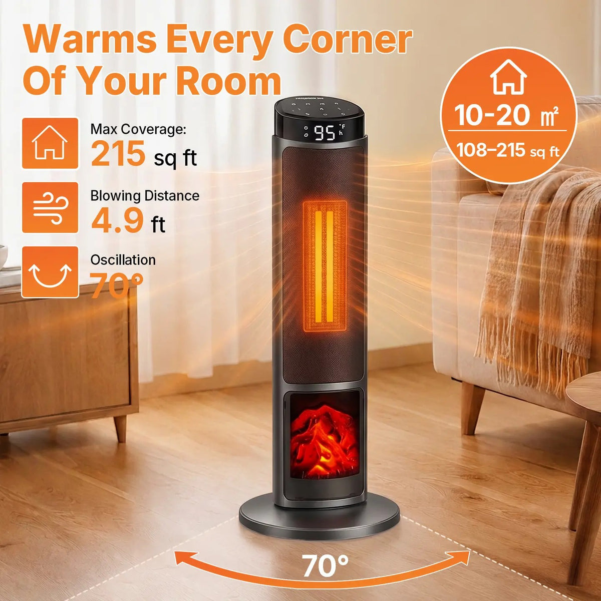 23" Space Heater, 1500W Electric Heater with 12-Hour Timer 4 Modes, 70° Oscillation, 12-Hour Timer, Thermostat 50-95°F, Fast Heating, Child Lock