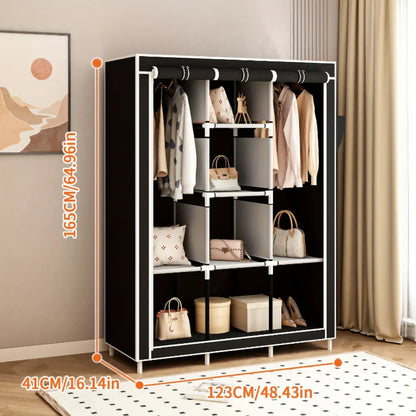 64-in Portable Covered Non-Woven Fabric Wardrobe, Multi-Functional Foldable Closet, Gray Apartment Furniture for Room Storage Solutions