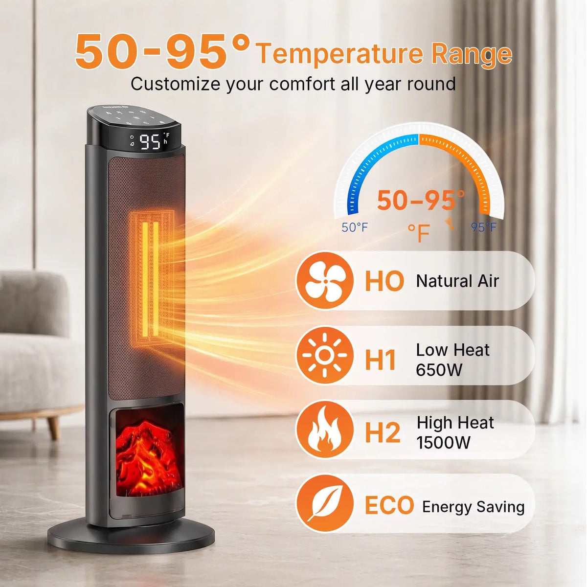 23" Space Heater, 1500W Electric Heater with 12-Hour Timer 4 Modes, 70° Oscillation, 12-Hour Timer, Thermostat 50-95°F, Fast Heating, Child Lock