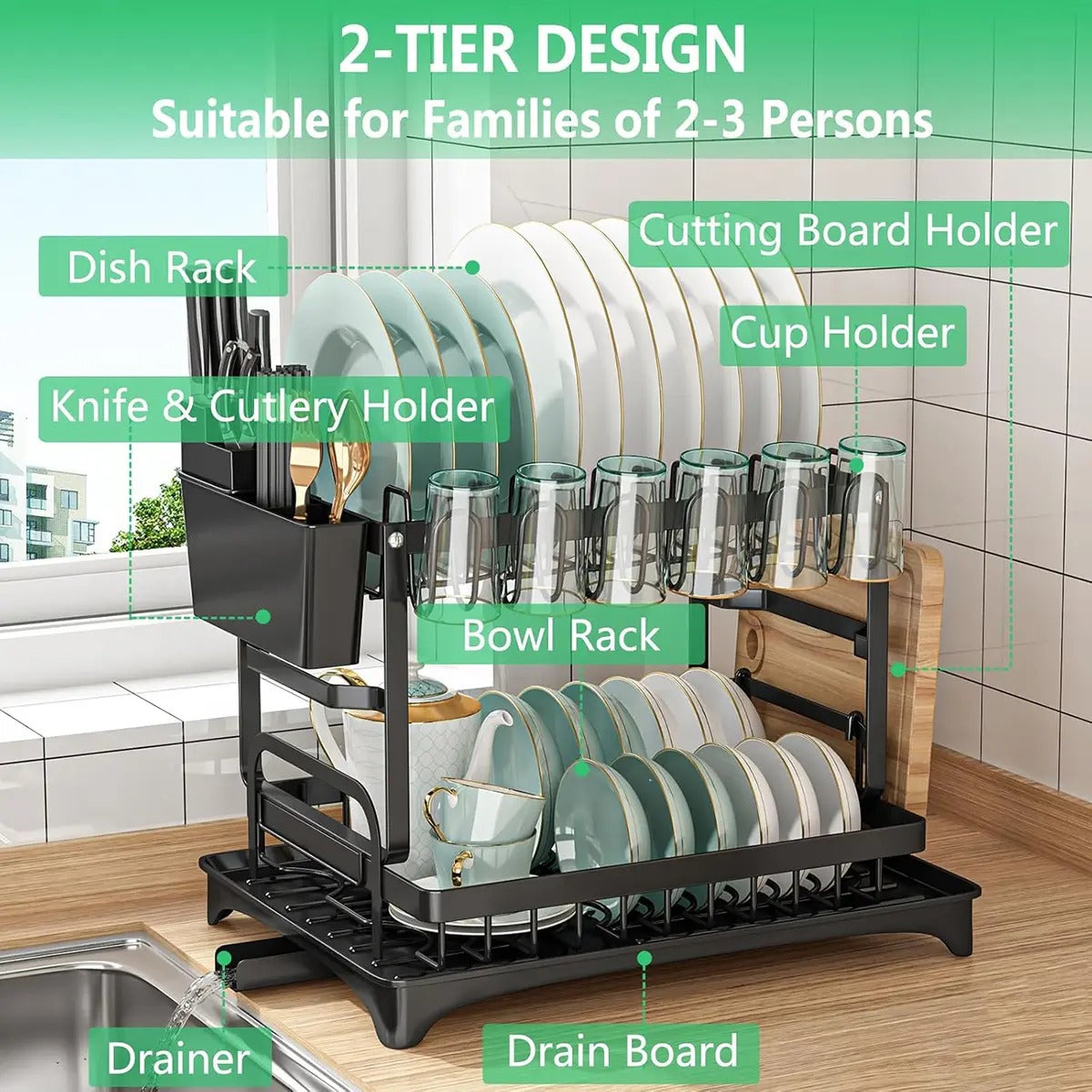 2-Tier Rust-Proof Kitchen Counter Dish Drying Organiser - Home Goods, House Organizers, with Drainboard (Channels Water Away), Mat (Keeps Floors Dry), Utensil Holder, Cup Holder, Easy to Assemble, Gifts for Women