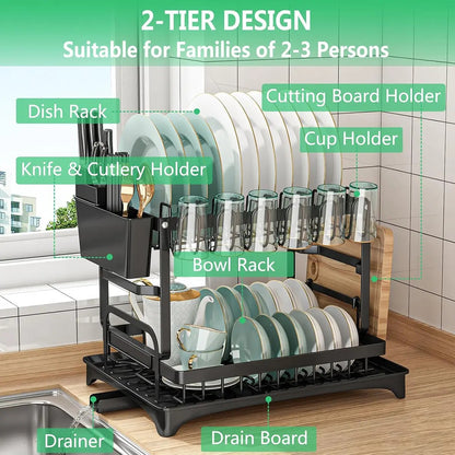 2-Tier Rust-Proof Kitchen Counter Dish Drying Organiser - Home Goods, House Organizers, with Drainboard (Channels Water Away), Mat (Keeps Floors Dry), Utensil Holder, Cup Holder, Easy to Assemble, Gifts for Women