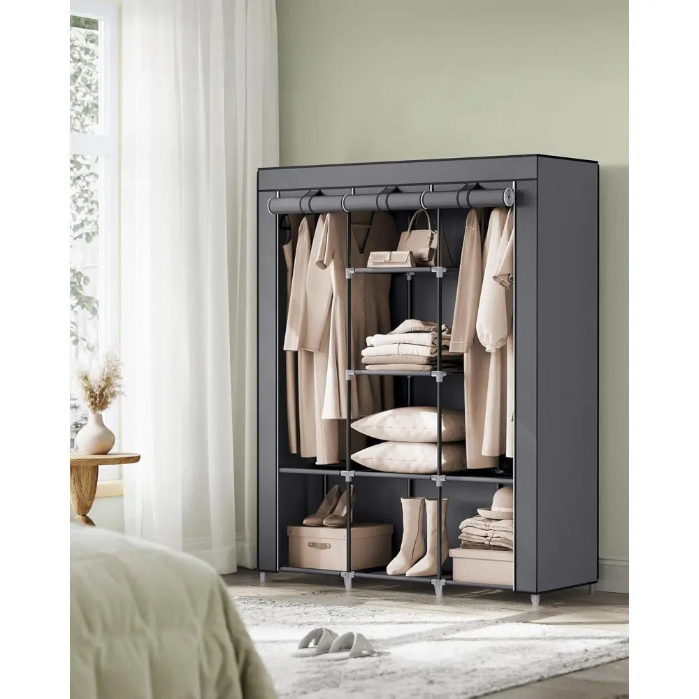 64-in Portable Covered Non-Woven Fabric Wardrobe, Multi-Functional Foldable Closet, Gray Apartment Furniture for Room Storage Solutions
