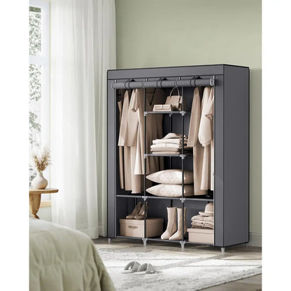 64-in Portable Covered Non-Woven Fabric Wardrobe, Multi-Functional Foldable Closet, Gray Apartment Furniture for Room Storage Solutions