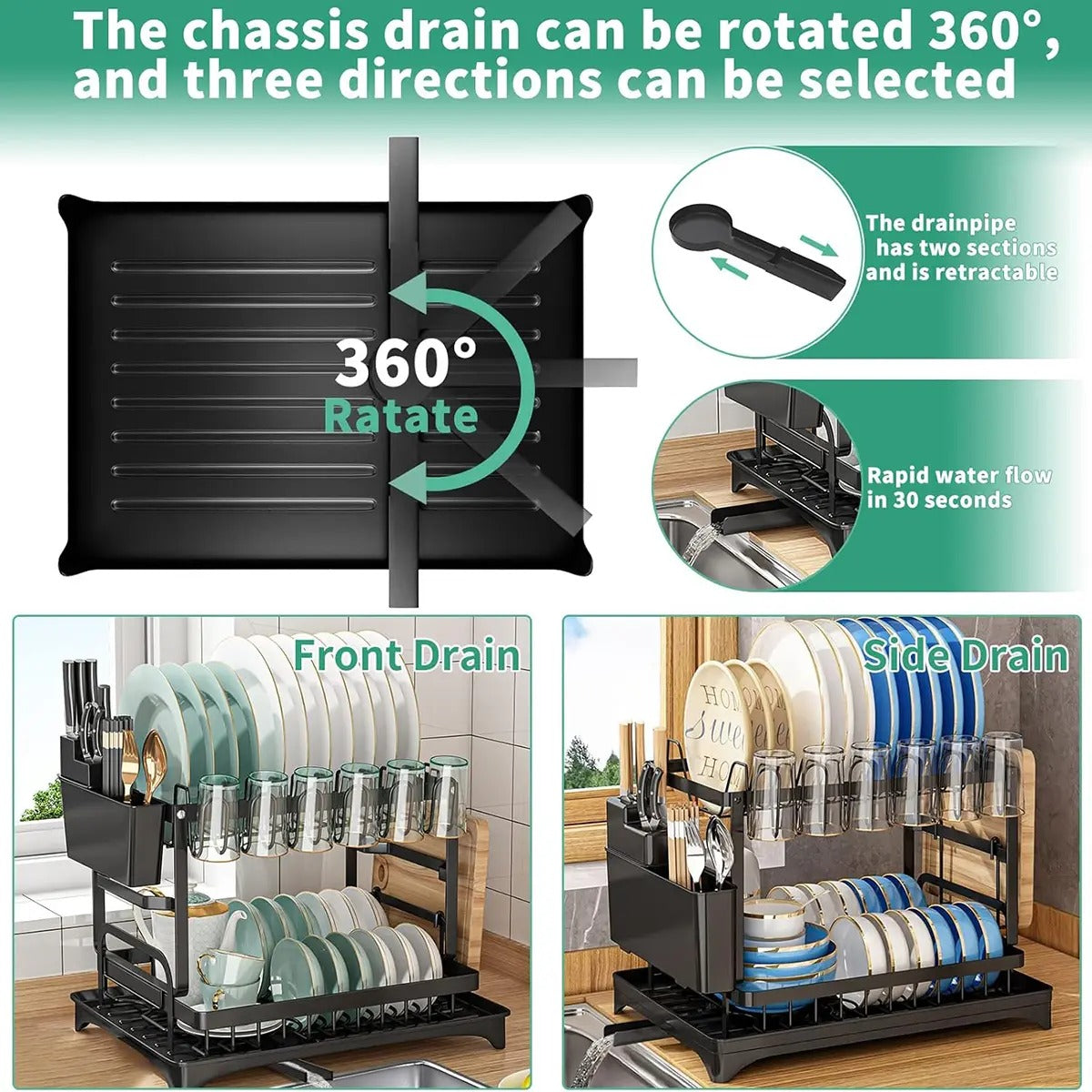 2-Tier Rust-Proof Kitchen Counter Dish Drying Organiser - Home Goods, House Organizers, with Drainboard (Channels Water Away), Mat (Keeps Floors Dry), Utensil Holder, Cup Holder, Easy to Assemble, Gifts for Women