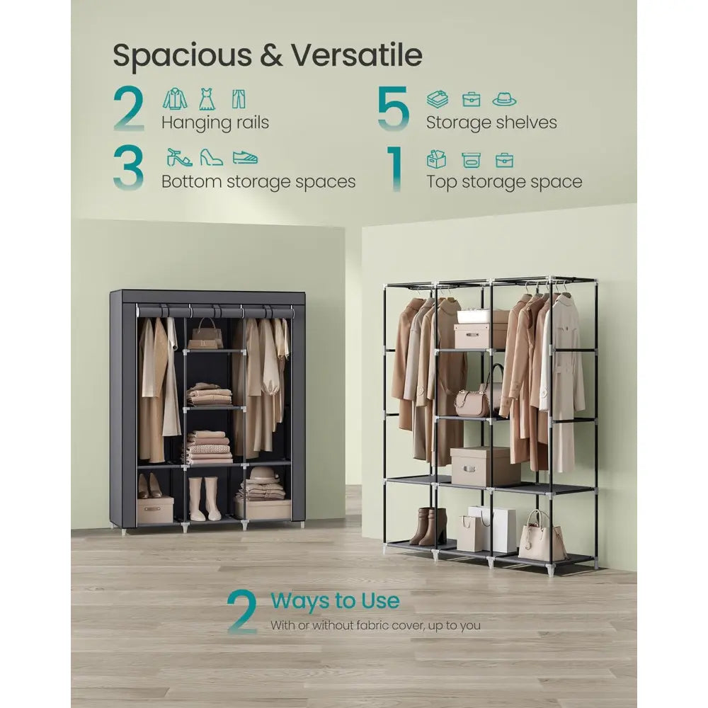 64-in Portable Covered Non-Woven Fabric Wardrobe, Multi-Functional Foldable Closet, Gray Apartment Furniture for Room Storage Solutions
