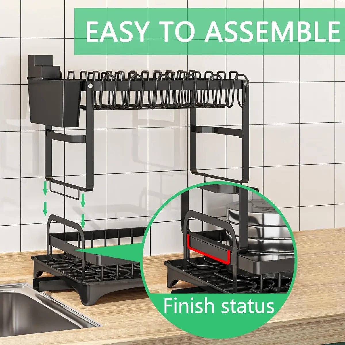 2-Tier Rust-Proof Kitchen Counter Dish Drying Organiser - Home Goods, House Organizers, with Drainboard (Channels Water Away), Mat (Keeps Floors Dry), Utensil Holder, Cup Holder, Easy to Assemble, Gifts for Women