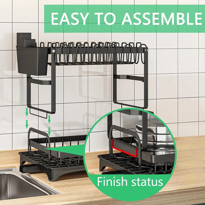 2-Tier Rust-Proof Kitchen Counter Dish Drying Organiser - Home Goods, House Organizers, with Drainboard (Channels Water Away), Mat (Keeps Floors Dry), Utensil Holder, Cup Holder, Easy to Assemble, Gifts for Women