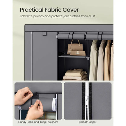 64-in Portable Covered Non-Woven Fabric Wardrobe, Multi-Functional Foldable Closet, Gray Apartment Furniture for Room Storage Solutions