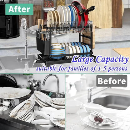 2-Tier Rust-Proof Kitchen Counter Dish Drying Organiser - Home Goods, House Organizers, with Drainboard (Channels Water Away), Mat (Keeps Floors Dry), Utensil Holder, Cup Holder, Easy to Assemble, Gifts for Women