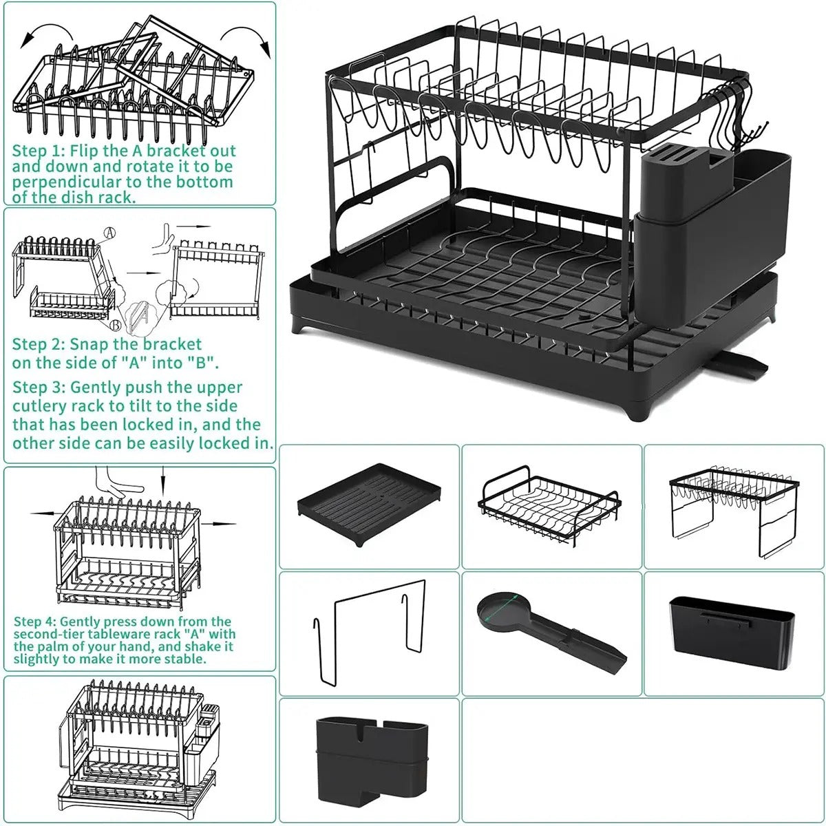 2-Tier Rust-Proof Kitchen Counter Dish Drying Organiser - Home Goods, House Organizers, with Drainboard (Channels Water Away), Mat (Keeps Floors Dry), Utensil Holder, Cup Holder, Easy to Assemble, Gifts for Women
