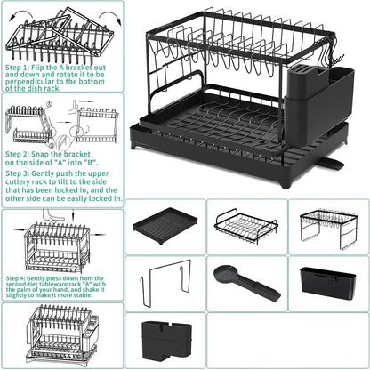 2-Tier Rust-Proof Kitchen Counter Dish Drying Organiser - Home Goods, House Organizers, with Drainboard (Channels Water Away), Mat (Keeps Floors Dry), Utensil Holder, Cup Holder, Easy to Assemble, Gifts for Women