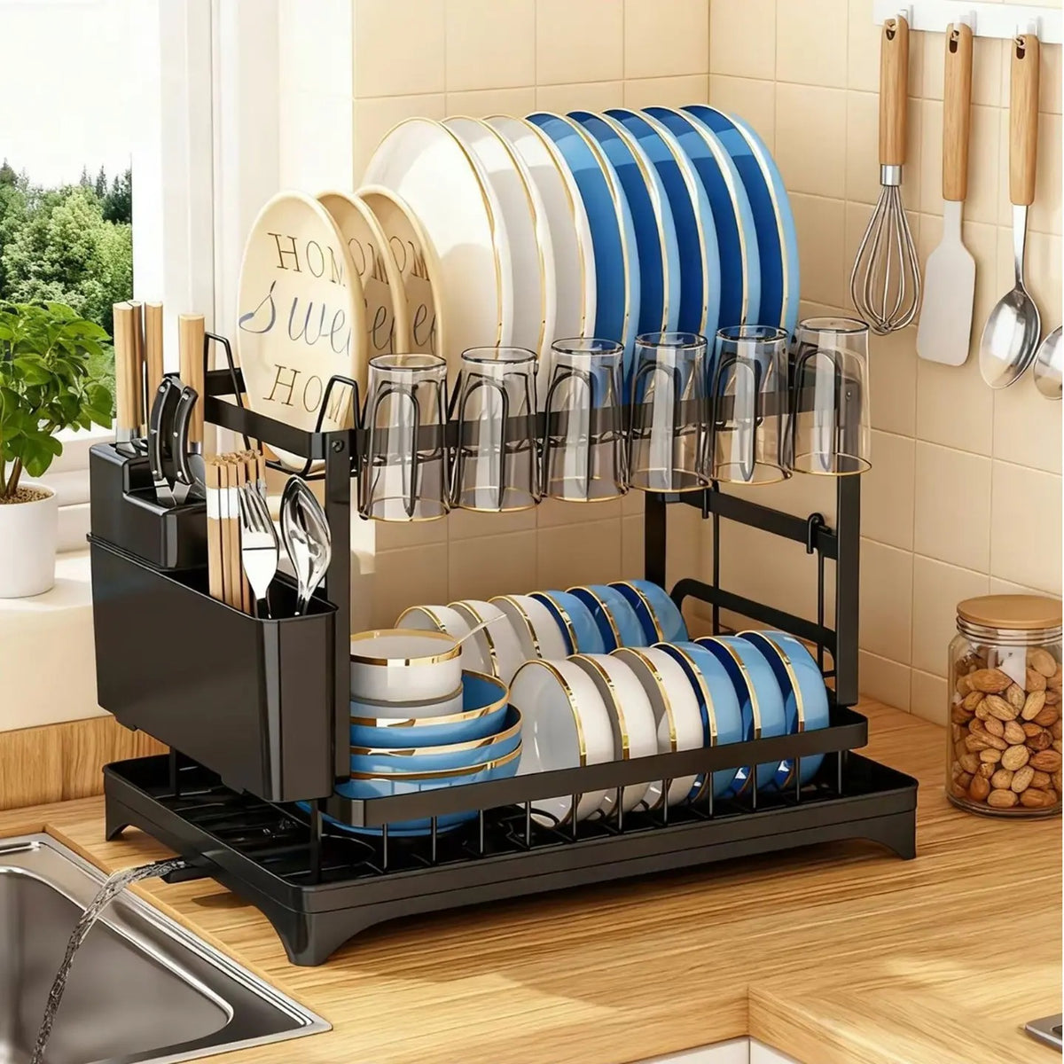 2-Tier Rust-Proof Kitchen Counter Dish Drying Organiser - Home Goods, House Organizers, with Drainboard (Channels Water Away), Mat (Keeps Floors Dry), Utensil Holder, Cup Holder, Easy to Assemble, Gifts for Women