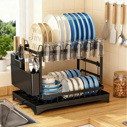 2-Tier Rust-Proof Kitchen Counter Dish Drying Organiser - Home Goods, House Organizers, with Drainboard (Channels Water Away), Mat (Keeps Floors Dry), Utensil Holder, Cup Holder, Easy to Assemble, Gifts for Women