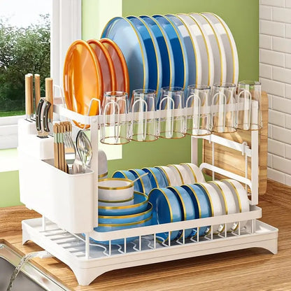 2-Tier Rust-Proof Kitchen Counter Dish Drying Organiser - Home Goods, House Organizers, with Drainboard (Channels Water Away), Mat (Keeps Floors Dry), Utensil Holder, Cup Holder, Easy to Assemble, Gifts for Women
