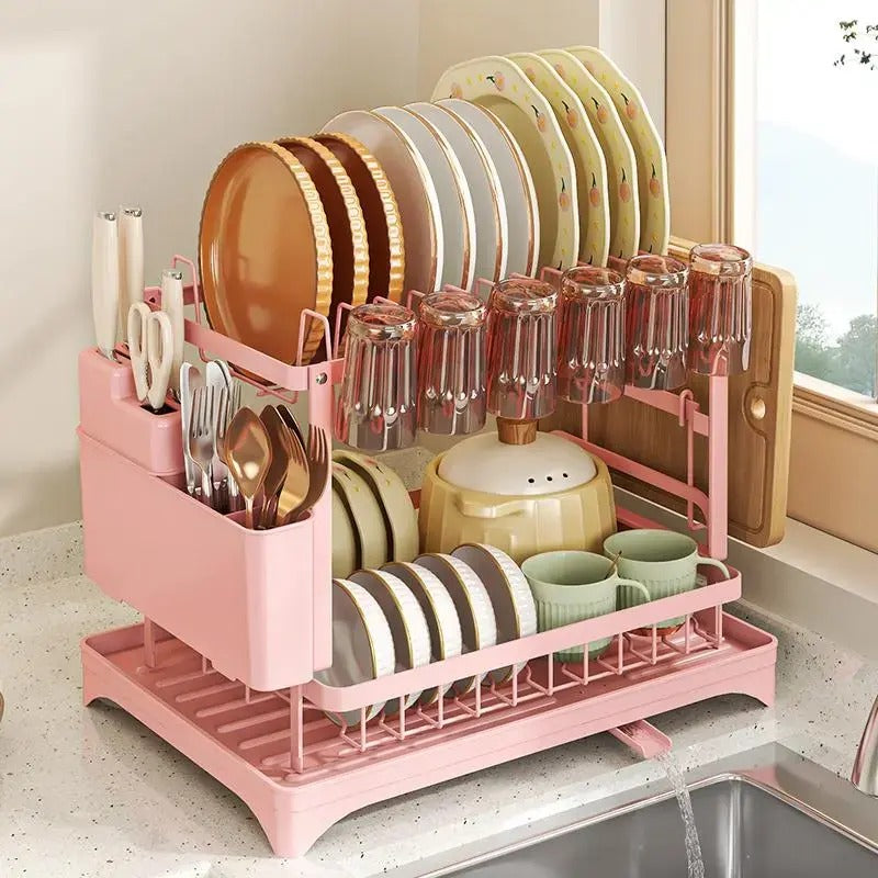 2-Tier Rust-Proof Kitchen Counter Dish Drying Organiser - Home Goods, House Organizers, with Drainboard (Channels Water Away), Mat (Keeps Floors Dry), Utensil Holder, Cup Holder, Easy to Assemble, Gifts for Women