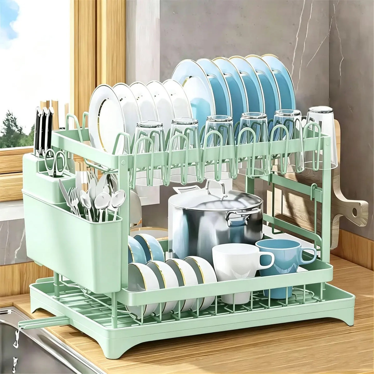 2-Tier Rust-Proof Kitchen Counter Dish Drying Organiser - Home Goods, House Organizers, with Drainboard (Channels Water Away), Mat (Keeps Floors Dry), Utensil Holder, Cup Holder, Easy to Assemble, Gifts for Women